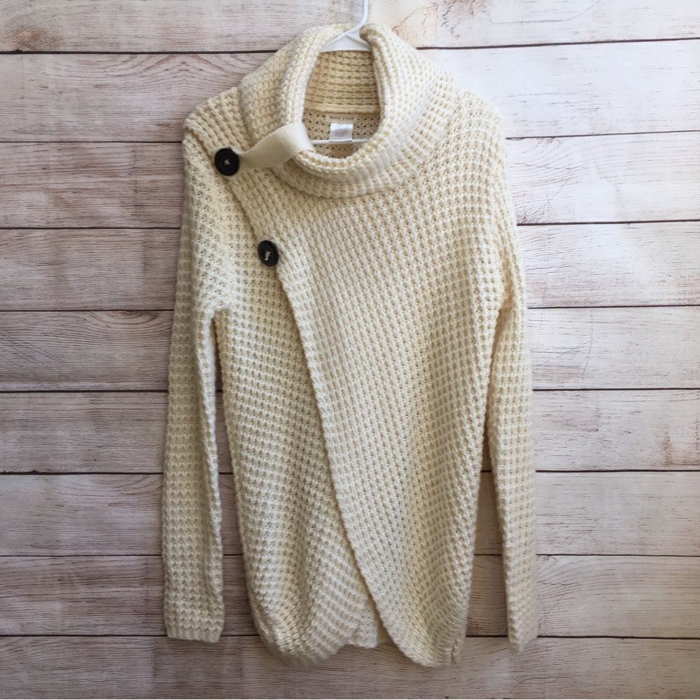 COPY -‎ MAIN STRIP COWL NECK ASSYMETRICAL BUTTON SWEATER IN CREAM